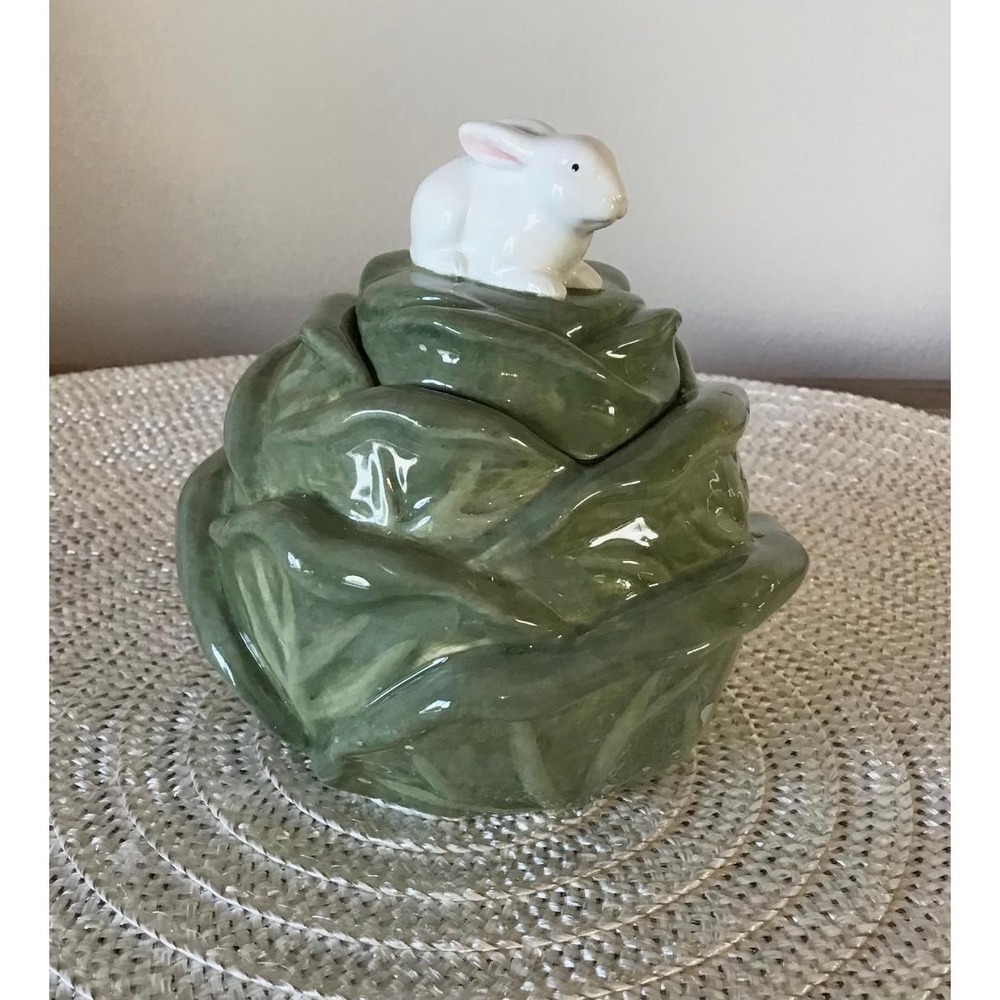 Department 56 Cabbage Leaf Rabbit Ceramic Candle & Holder Easter Farmhouse NEW